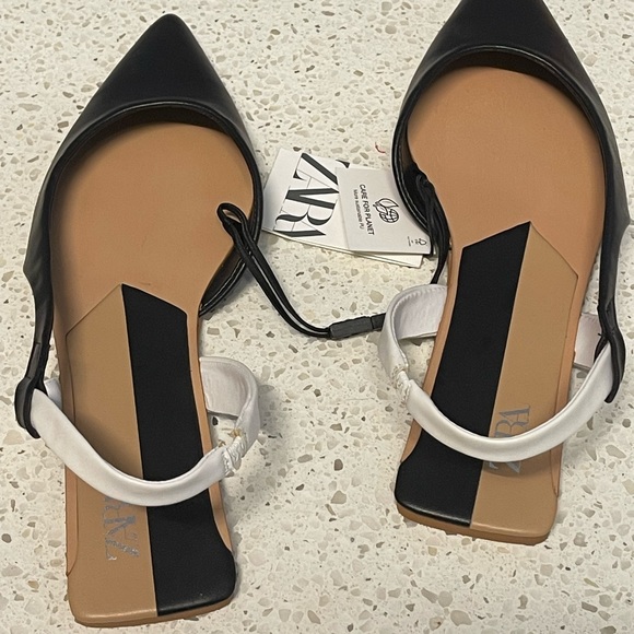 ZARA Flat Slingback shoes Black White Color block 7.5 NEW with tags Chic - Picture 3 of 5